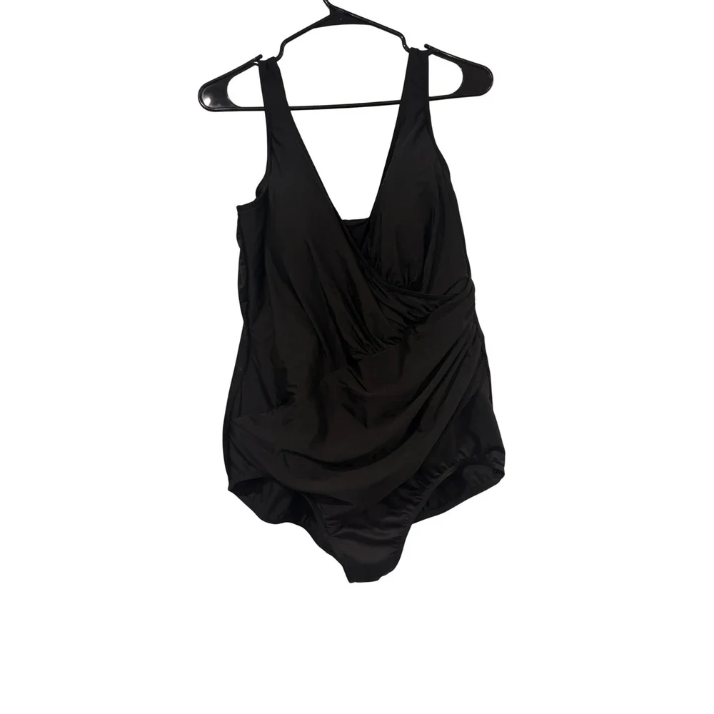 Miraclesuit Womens Black Surplice Ruched One Piece Swimsuit Size 22W